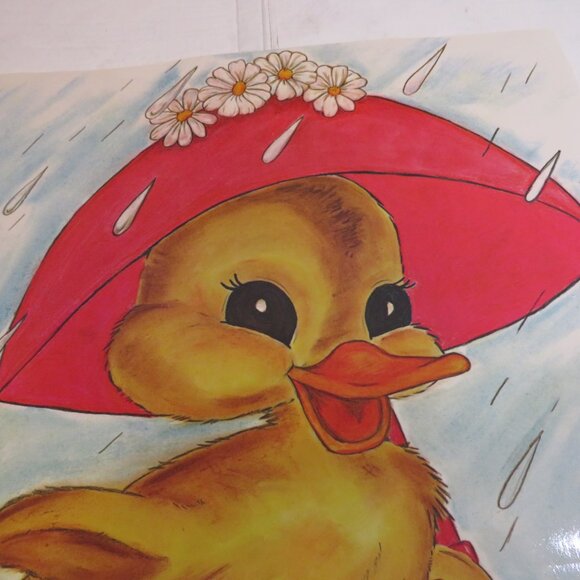 Vintage Duck with umbrella in the Rain Poster 1980s Laminated Cute Duckling - Picture 3 of 4